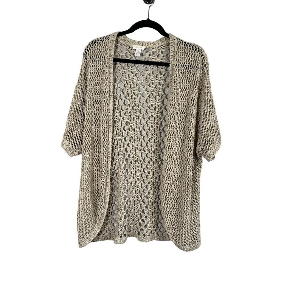 Chicos Knit Cardiga L Beige Classic Chic Beach Neutral Festival Lagenlook Preppy